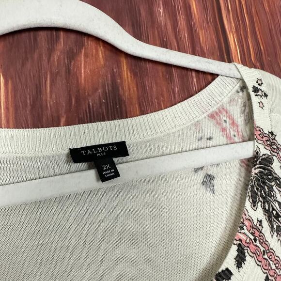 Talbots 2X Sweater Top Paisley Print 3/4 Sleeve Brown Pink Ivory Cotton Blend - Picture 4 of 7